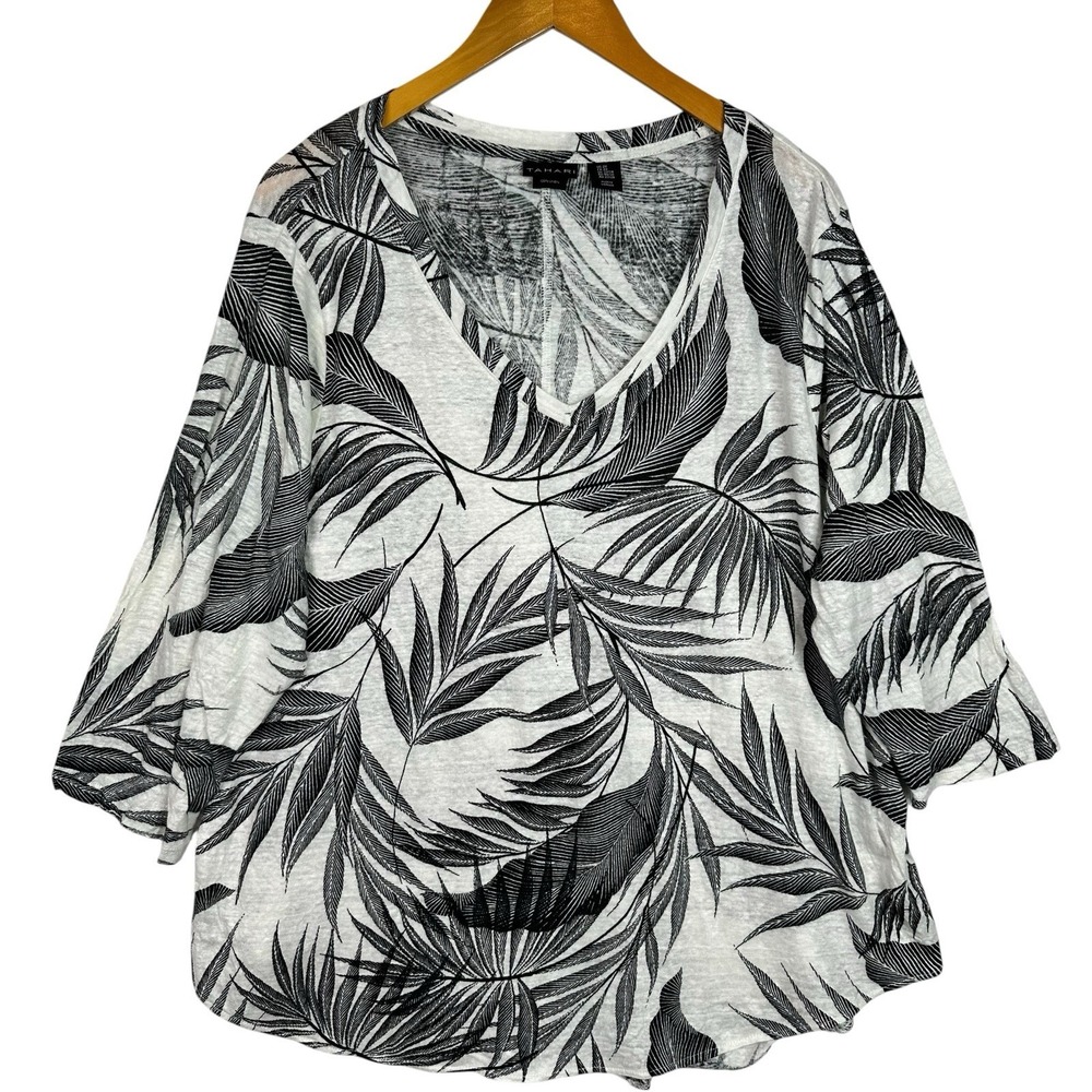 Tahari Linen Top Womens 2X Black White Tropical Leaf Print V Neck Plus Size